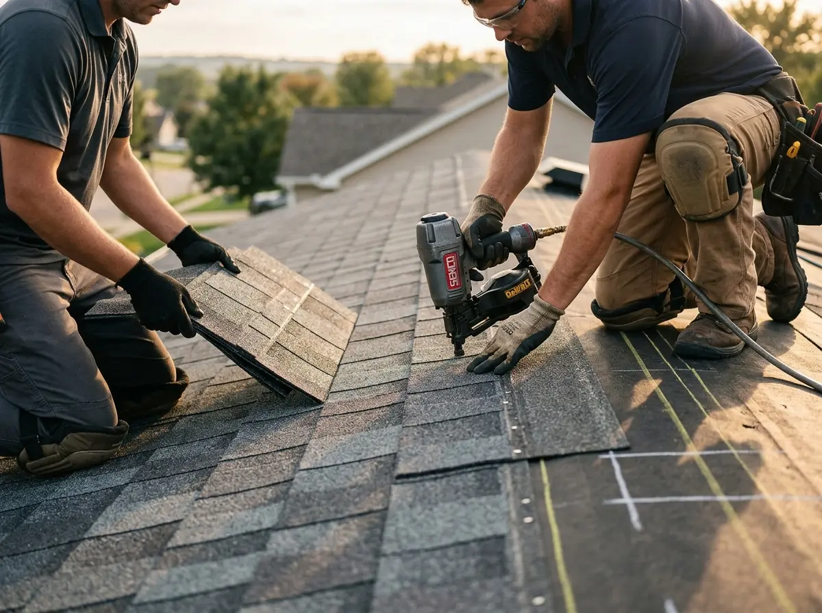 Professional roofer working on a residential roof in Belfast